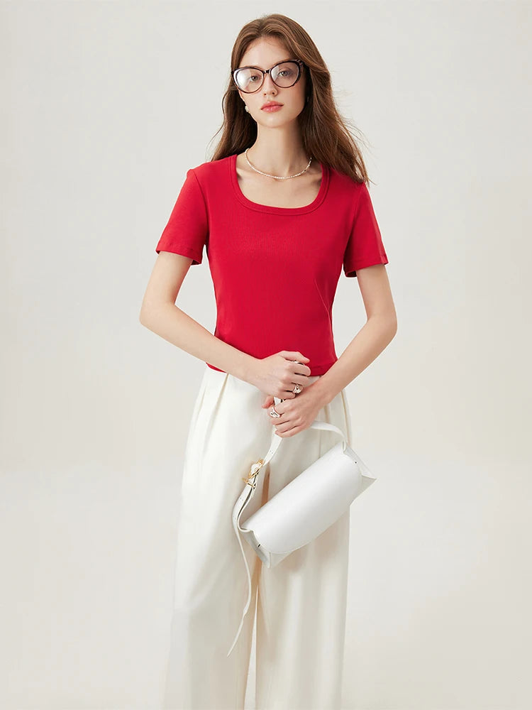 4 Colors Women Round Neck Casual Grey Summer T-Shirt Black Cotton Square Neck Short Sleeve Elastic Tees