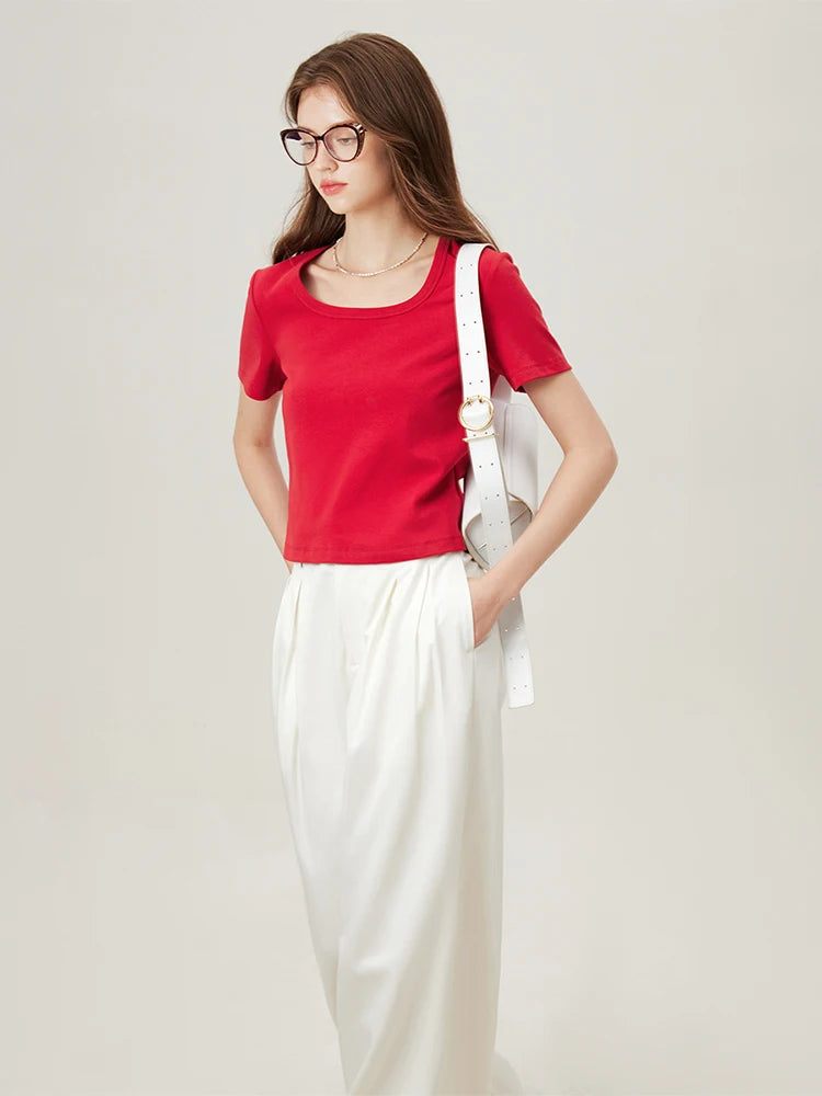 4 Colors Women Round Neck Casual Grey Summer T-Shirt Black Cotton Square Neck Short Sleeve Elastic Tees