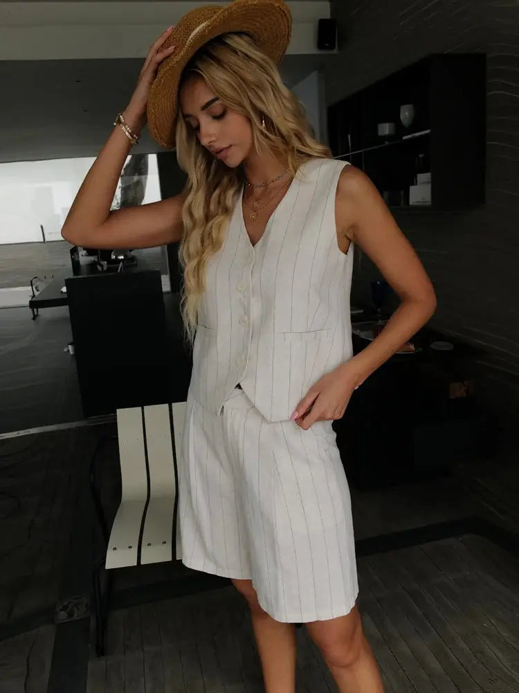 2025 Summer Casual Linen Striped Vest Shorts sets fabbinventora.com
