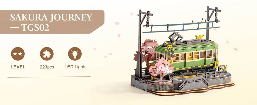 Robotime Sakura Journey Tram 3D wooden puzzle with LED lights decor