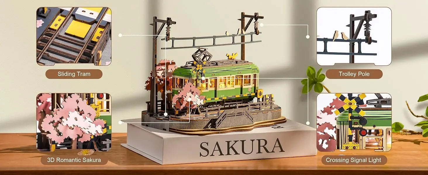 Robotime Sakura Journey Tram 3D wooden puzzle with LED lights decor
