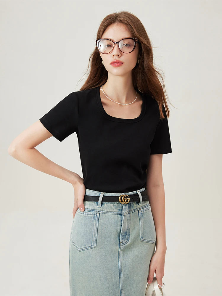 4 Colors Women Round Neck Casual Grey Summer T-Shirt Black Cotton Square Neck Short Sleeve Elastic Tees
