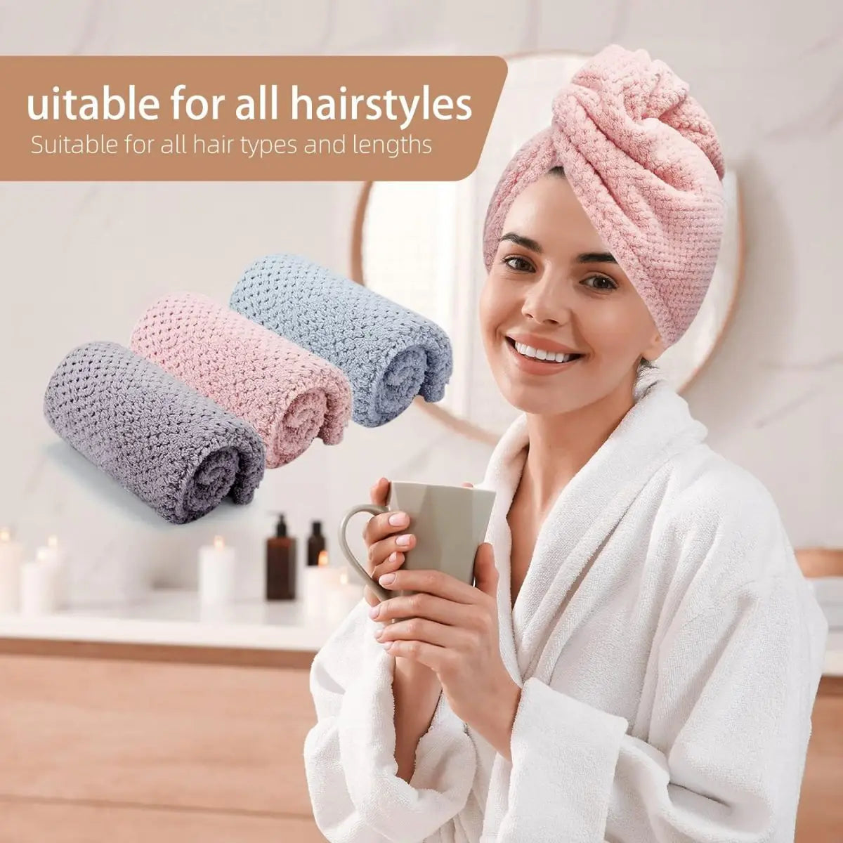Solid color hair towel Textured dry hair cap 9.8 "X 25.5" absorbent hair towel wrap for button-down women fabbinventora.com