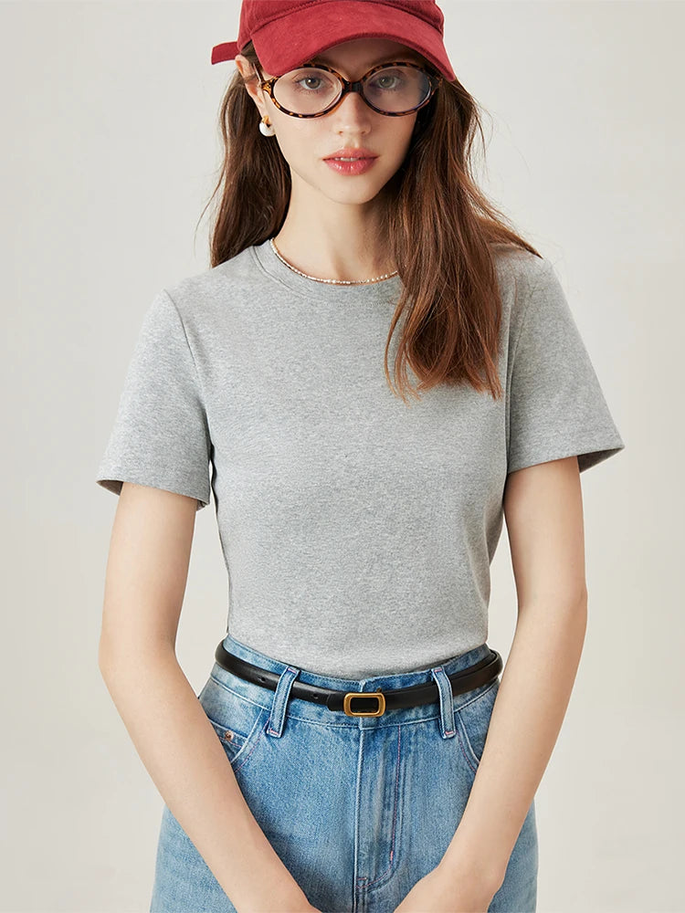 4 Colors Women Round Neck Casual Grey Summer T-Shirt Black Cotton Square Neck Short Sleeve Elastic Tees