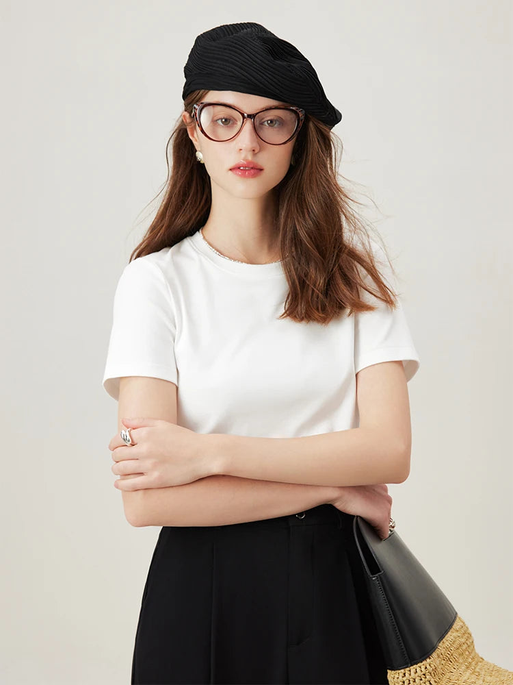 4 Colors Women Round Neck Casual Grey Summer T-Shirt Black Cotton Square Neck Short Sleeve Elastic Tees