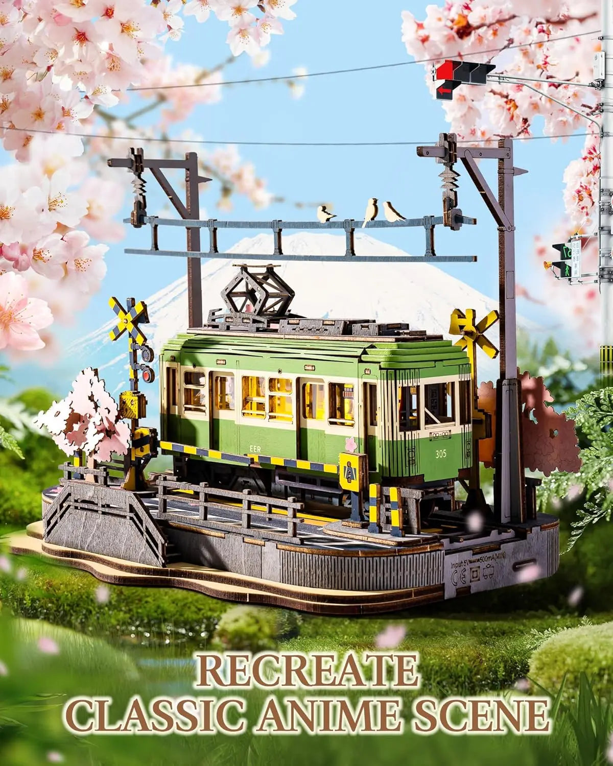 Robotime Sakura Journey Tram 3D wooden puzzle with LED lights decor