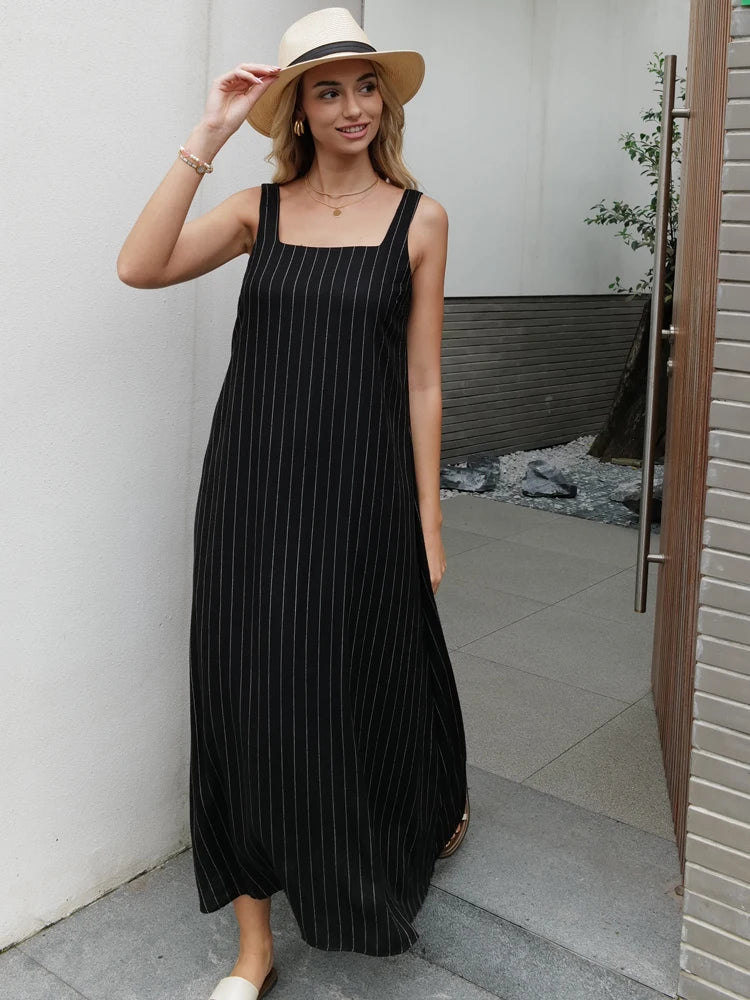 New Design 2025 Summer Women Linen Striped Sleeve Dress Split Tank Dress beach fabbinventora.com