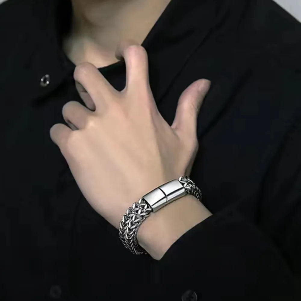 Stainless Steel Braided Double Row Front and Rear Fish Scale Alloy Magnetic Buckle Bracelet with Keel Jewelry New Model fabbinventora.com