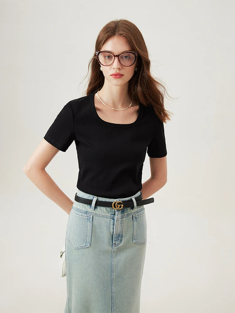 4 Colors Women Round Neck Casual Grey Summer T-Shirt Black Cotton Square Neck Short Sleeve Elastic Tees