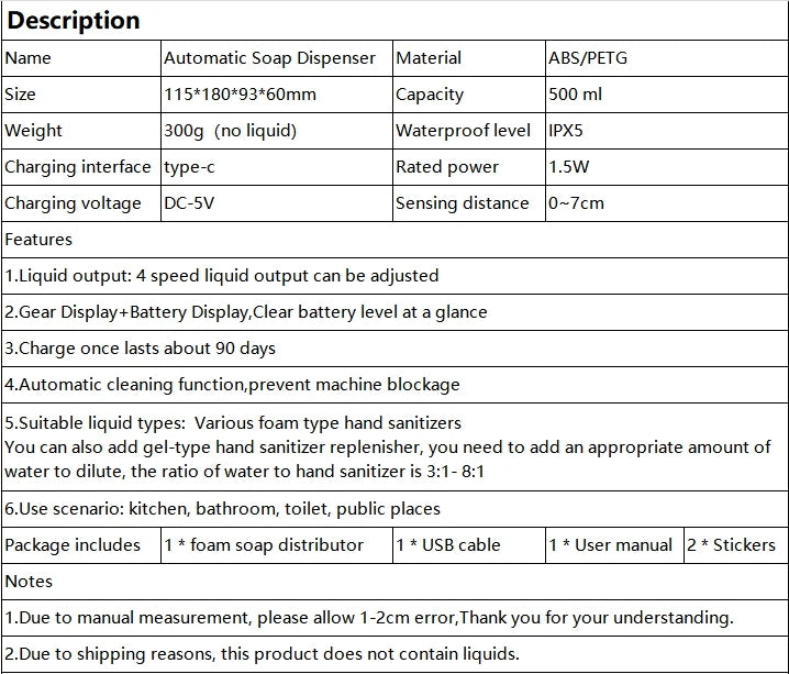 Wall mounted automatic foam soap dispenser with sensor and rechargeable battery