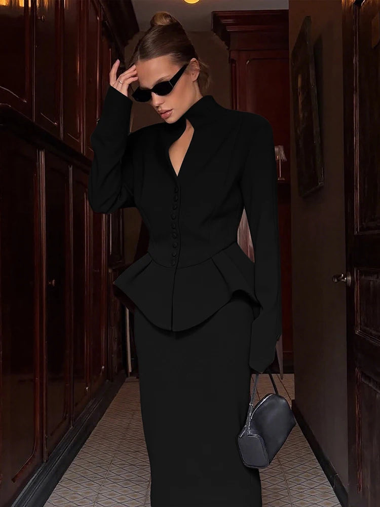 Kliou ruffle irregular 2 piece set with stand collar top and midi skirt