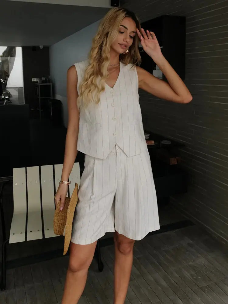 2025 Summer Casual Linen Striped Vest Shorts sets fabbinventora.com