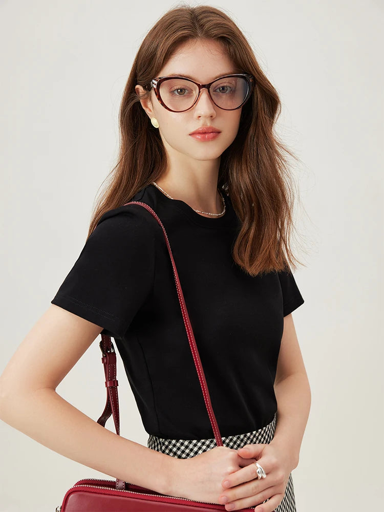 4 Colors Women Round Neck Casual Grey Summer T-Shirt Black Cotton Square Neck Short Sleeve Elastic Tees