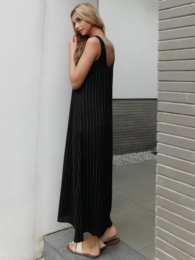 New Design 2025 Summer Women Linen Striped Sleeve Dress Split Tank Dress beach fabbinventora.com
