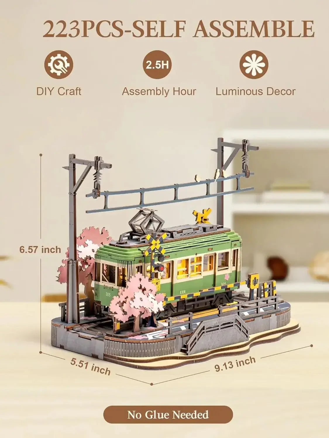 Robotime Sakura Journey Tram 3D wooden puzzle with LED lights decor
