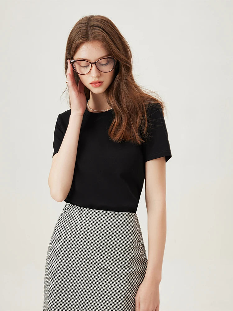 4 Colors Women Round Neck Casual Grey Summer T-Shirt Black Cotton Square Neck Short Sleeve Elastic Tees