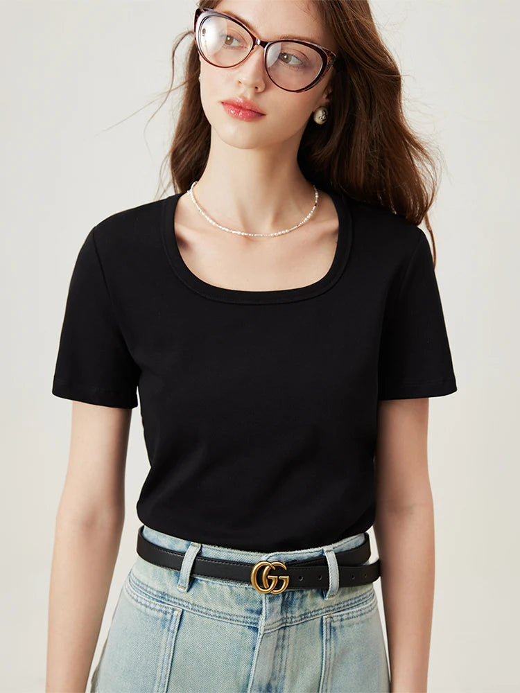 4 Colors Women Round Neck Casual Grey Summer T-Shirt Black Cotton Square Neck Short Sleeve Elastic Tees