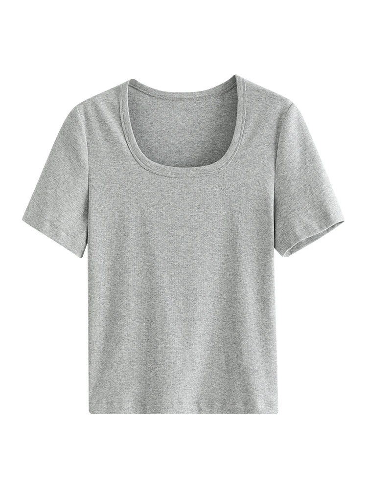4 Colors Women Round Neck Casual Grey Summer T-Shirt Black Cotton Square Neck Short Sleeve Elastic Tees