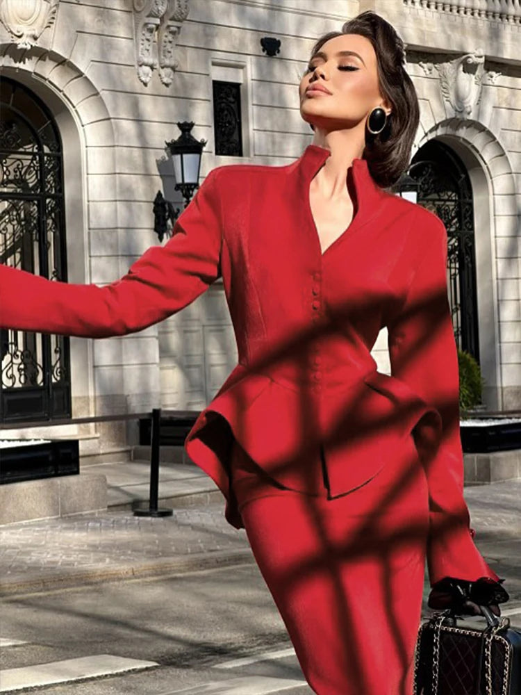 Kliou ruffle irregular 2 piece set with stand collar top and midi skirt