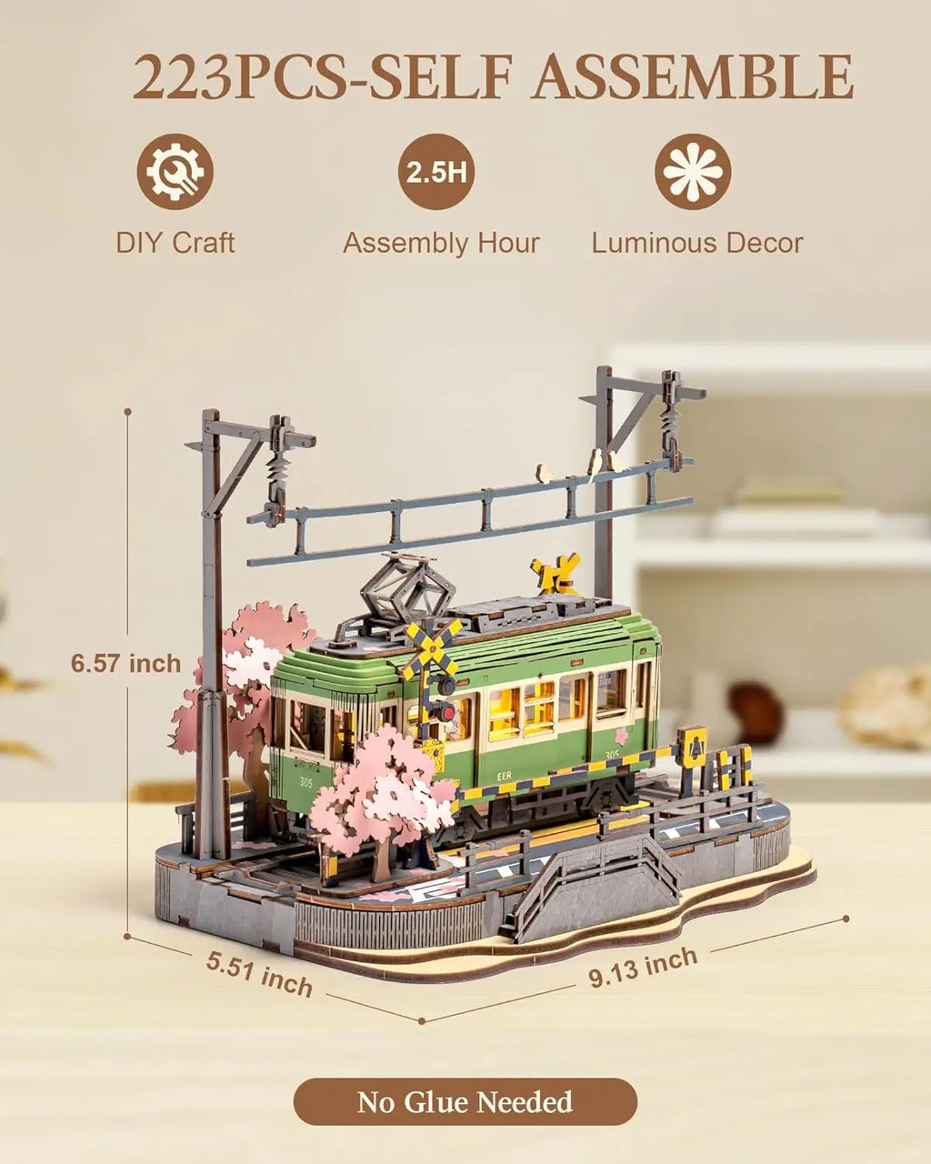 Robotime Sakura Journey Tram 3D wooden puzzle with LED lights decor