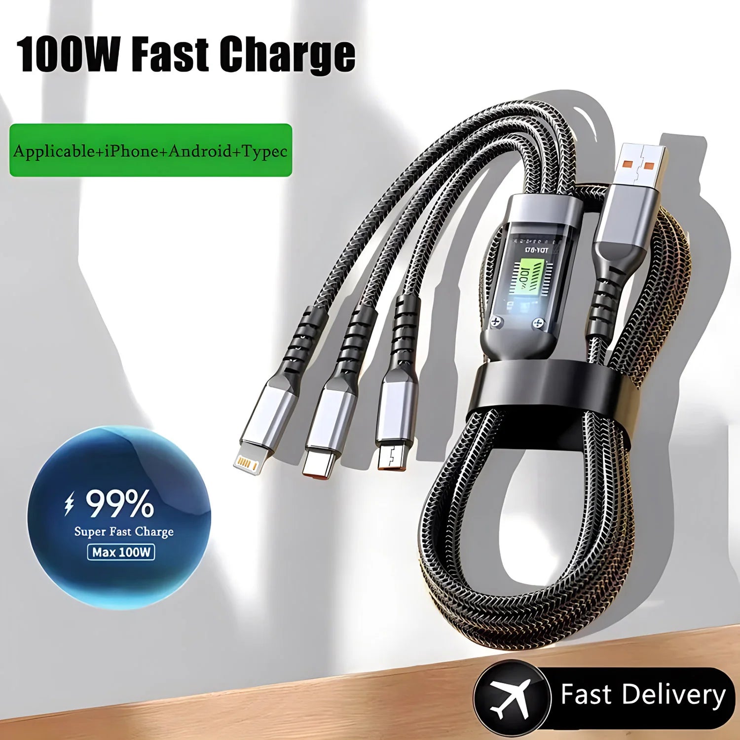 100W Fast Charging Cable Multi Charger Cable Nylon Braided Multiple USB Universal 3 in 1 Charging Cord Adapter with Type-C Micro fabbinventora.com