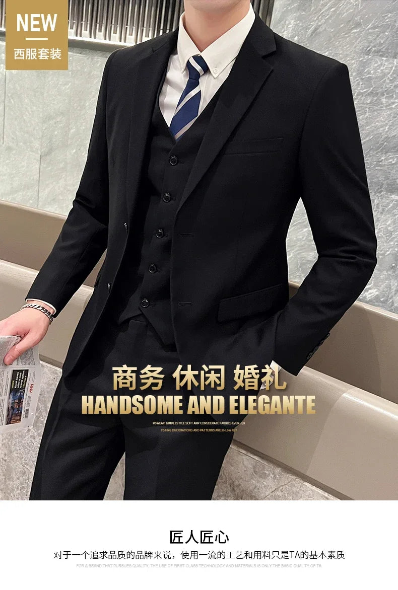 Men's Business Casual Professional Dress (suit + Vest + Trousers) Slim-fit Groom Best Man Wedding Three-piece Dress Trend fabbinventora.com