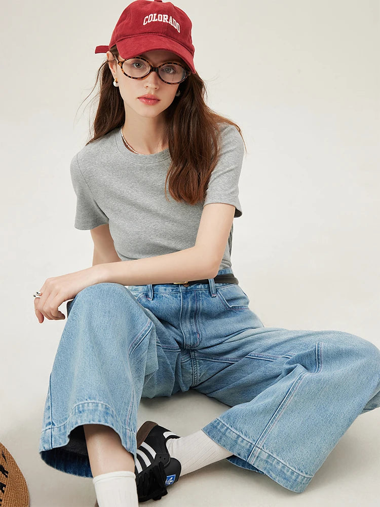 4 Colors Women Round Neck Casual Grey Summer T-Shirt Black Cotton Square Neck Short Sleeve Elastic Tees