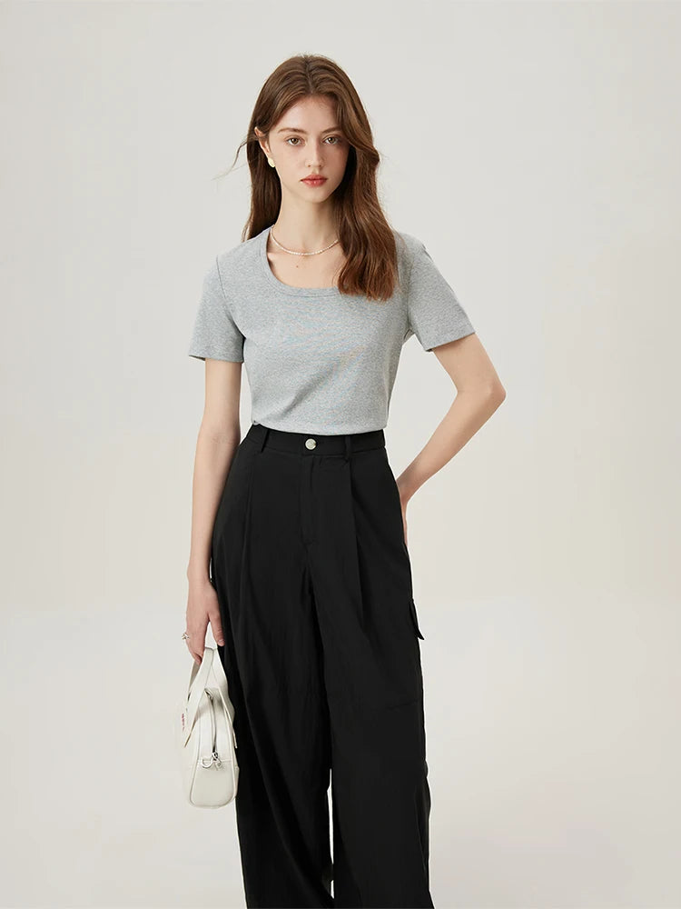 4 Colors Women Round Neck Casual Grey Summer T-Shirt Black Cotton Square Neck Short Sleeve Elastic Tees