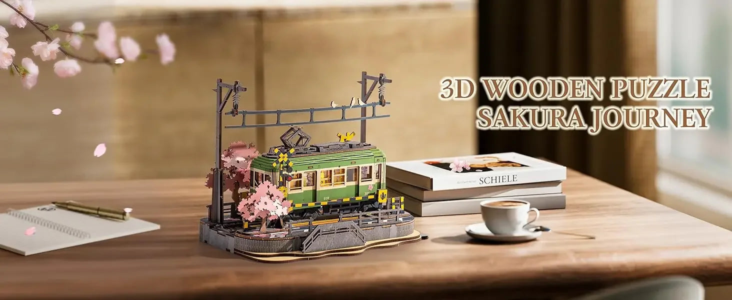 Robotime Sakura Journey Tram 3D wooden puzzle with LED lights decor