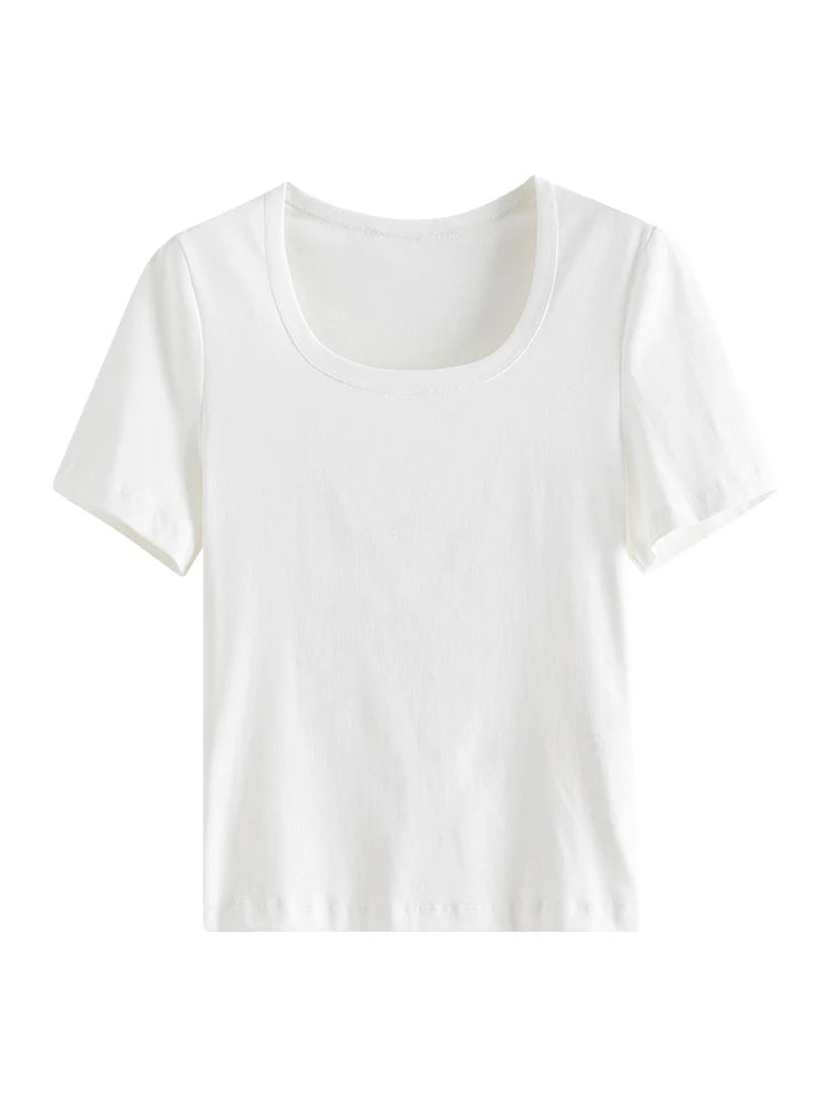 4 Colors Women Round Neck Casual Grey Summer T-Shirt Black Cotton Square Neck Short Sleeve Elastic Tees