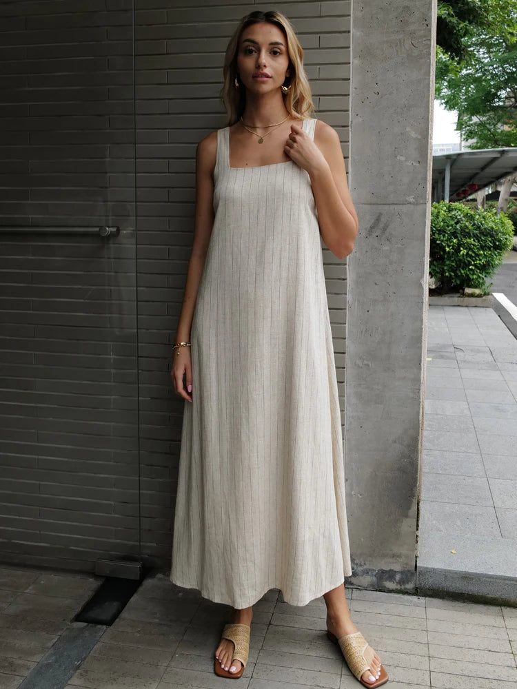 New Design 2025 Summer Women Linen Striped Sleeve Dress Split Tank Dress beach fabbinventora.com