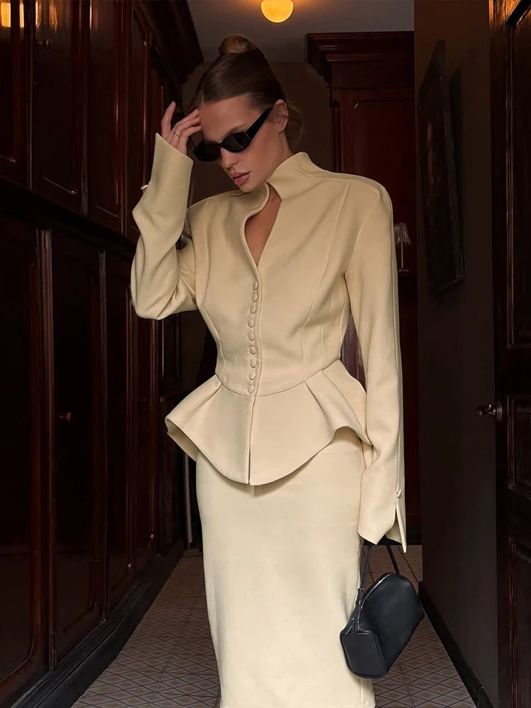 Kliou ruffle irregular 2 piece set with stand collar top and midi skirt