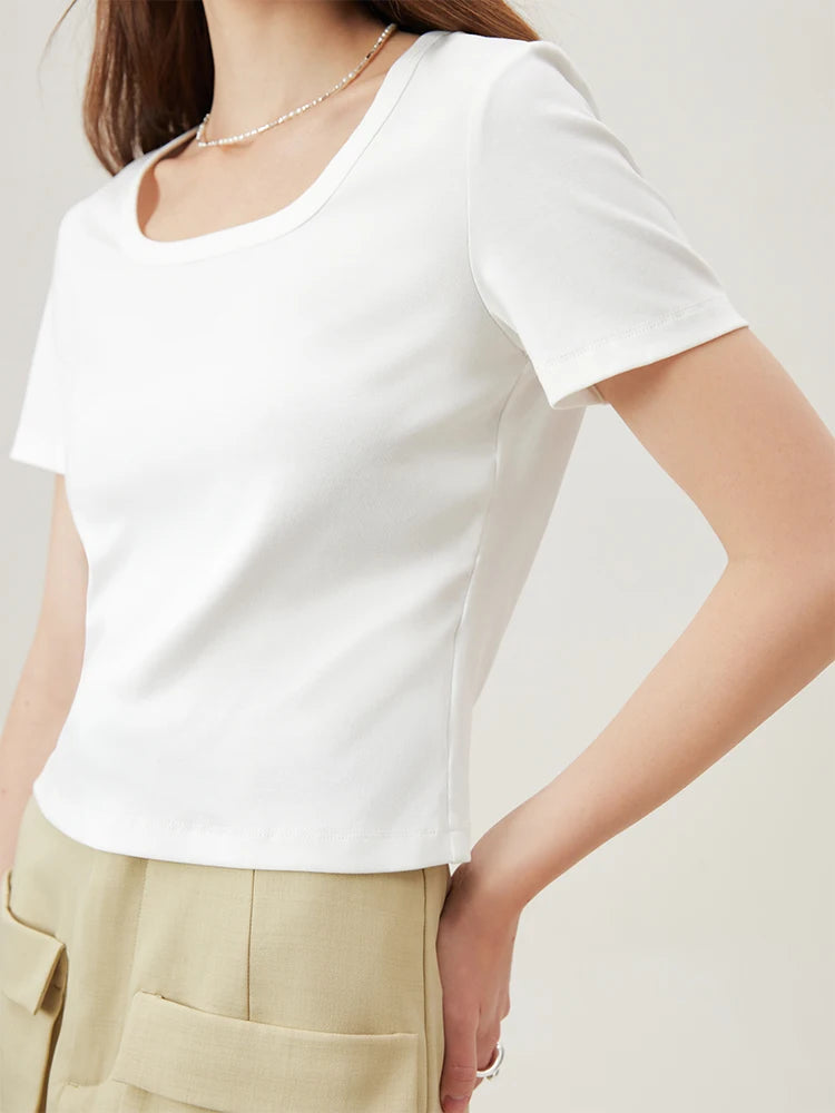 4 Colors Women Round Neck Casual Grey Summer T-Shirt Black Cotton Square Neck Short Sleeve Elastic Tees