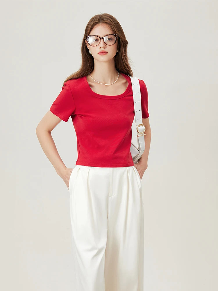 4 Colors Women Round Neck Casual Grey Summer T-Shirt Black Cotton Square Neck Short Sleeve Elastic Tees