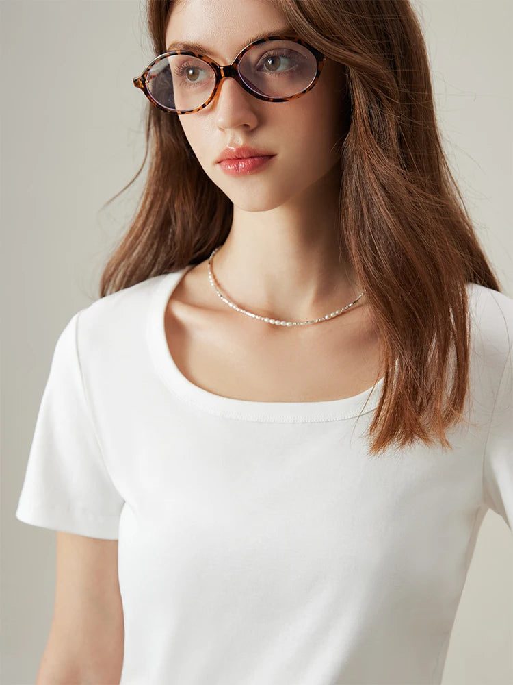 4 Colors Women Round Neck Casual Grey Summer T-Shirt Black Cotton Square Neck Short Sleeve Elastic Tees