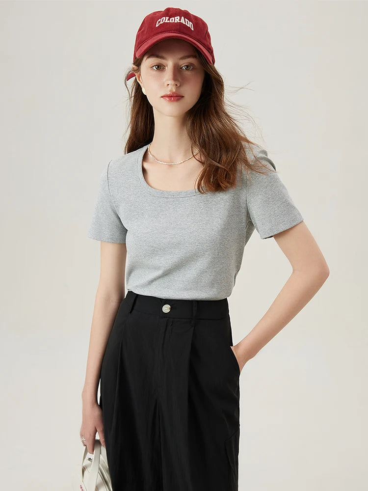 4 Colors Women Round Neck Casual Grey Summer T-Shirt Black Cotton Square Neck Short Sleeve Elastic Tees