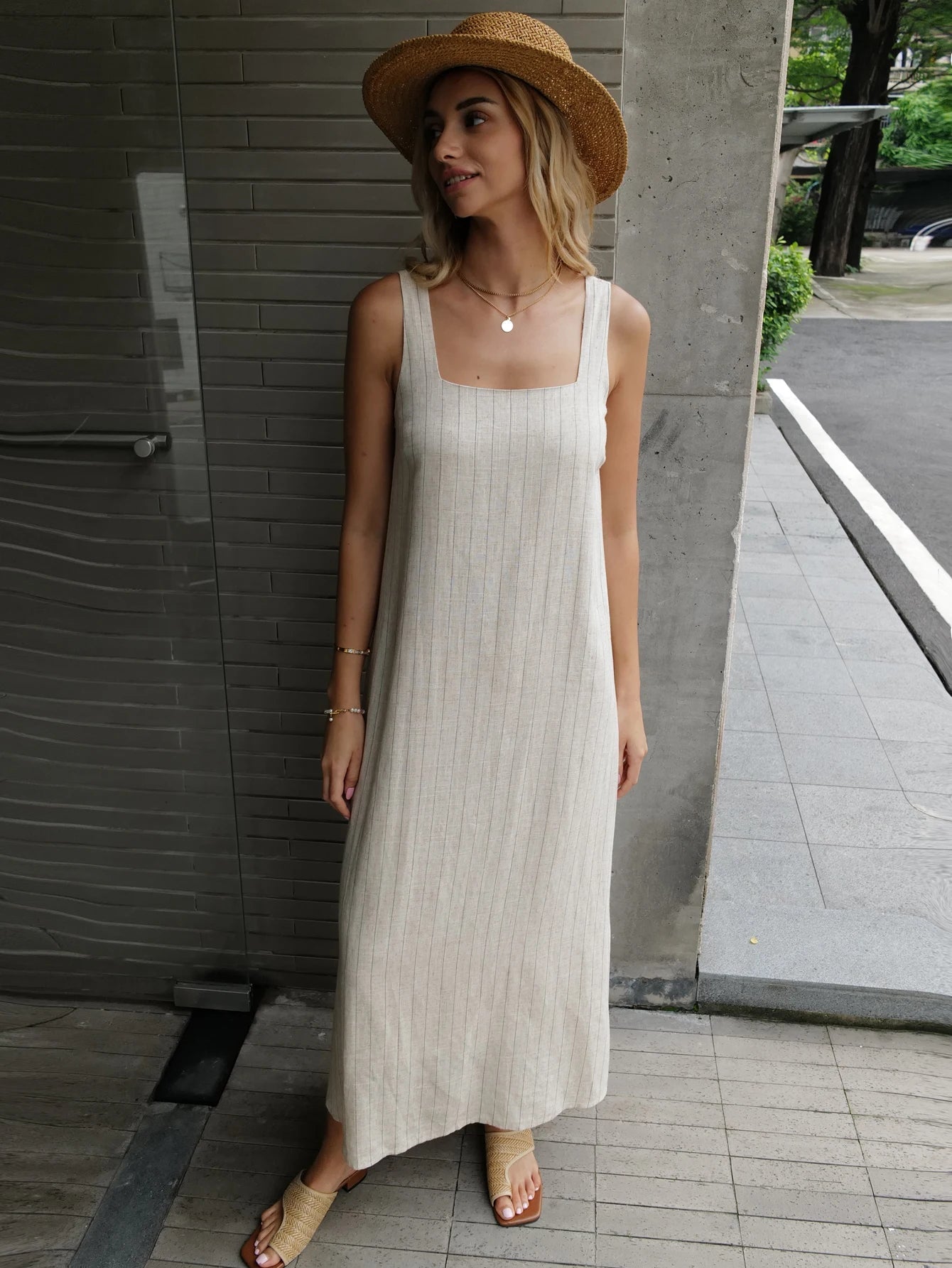 New Design 2025 Summer Women Linen Striped Sleeve Dress Split Tank Dress beach fabbinventora.com