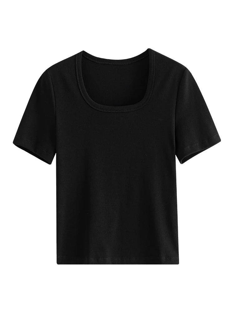 4 Colors Women Round Neck Casual Grey Summer T-Shirt Black Cotton Square Neck Short Sleeve Elastic Tees